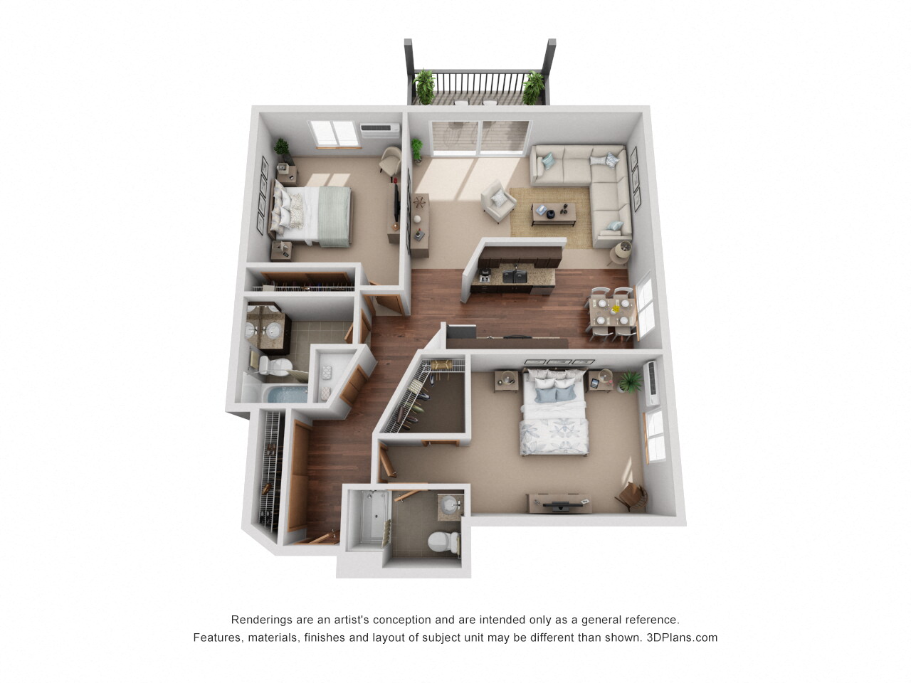 Floor plan for 2 beds, 2 baths, 1044 sqft